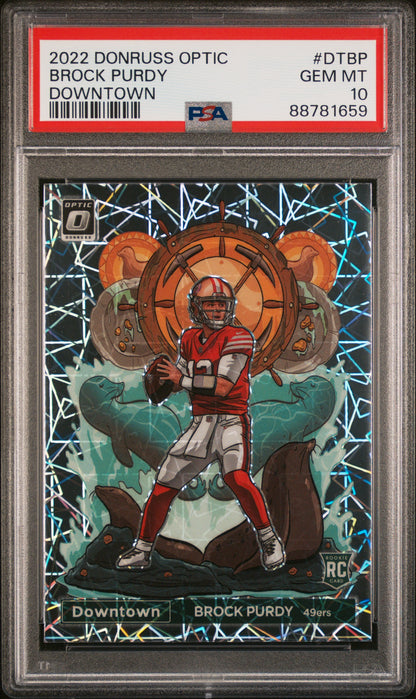 front card 2022 PANINI DONRUSS OPTIC DOWNTOWN BROCK PURDY DOWNTOWN PSA GEM MT 10 