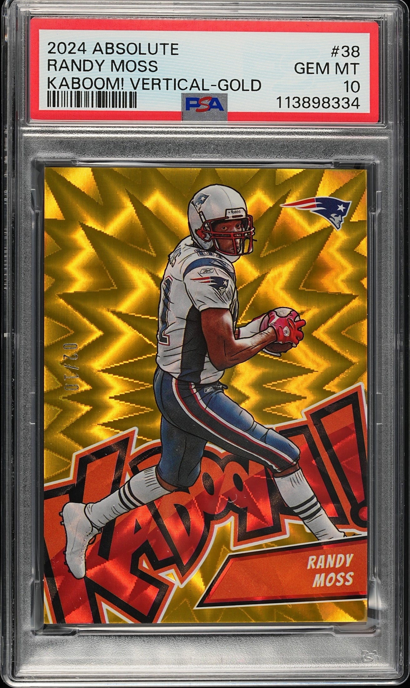 front card 2024 PANINI ABSOLUTE KABOOM! VERTICAL RANDY MOSS KABOOM! VERTICAL-GOLD PSA GEM MT 10 