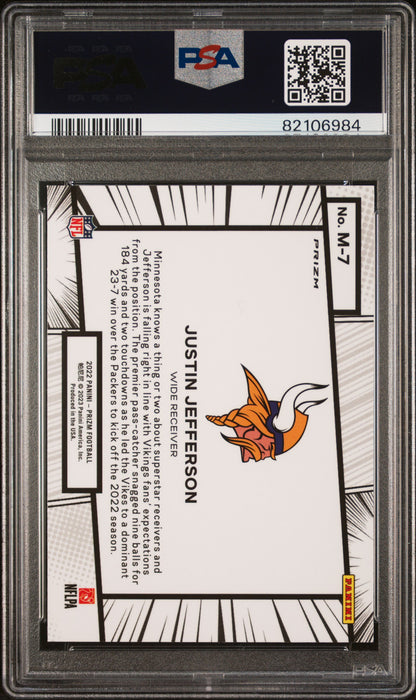 rear card 2022 PANINI PRIZM MANGA JUSTIN JEFFERSON MANGA PSA GEM MT 10 