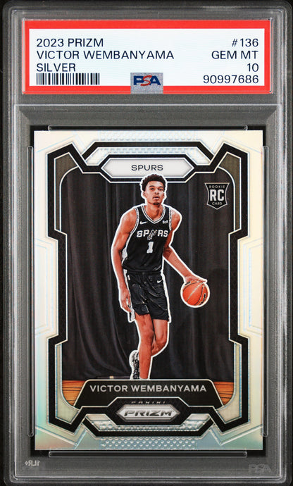 front card 2023 PANINI PRIZM VICTOR WEMBANYAMA SILVER PRIZM PSA GEM MT 10 