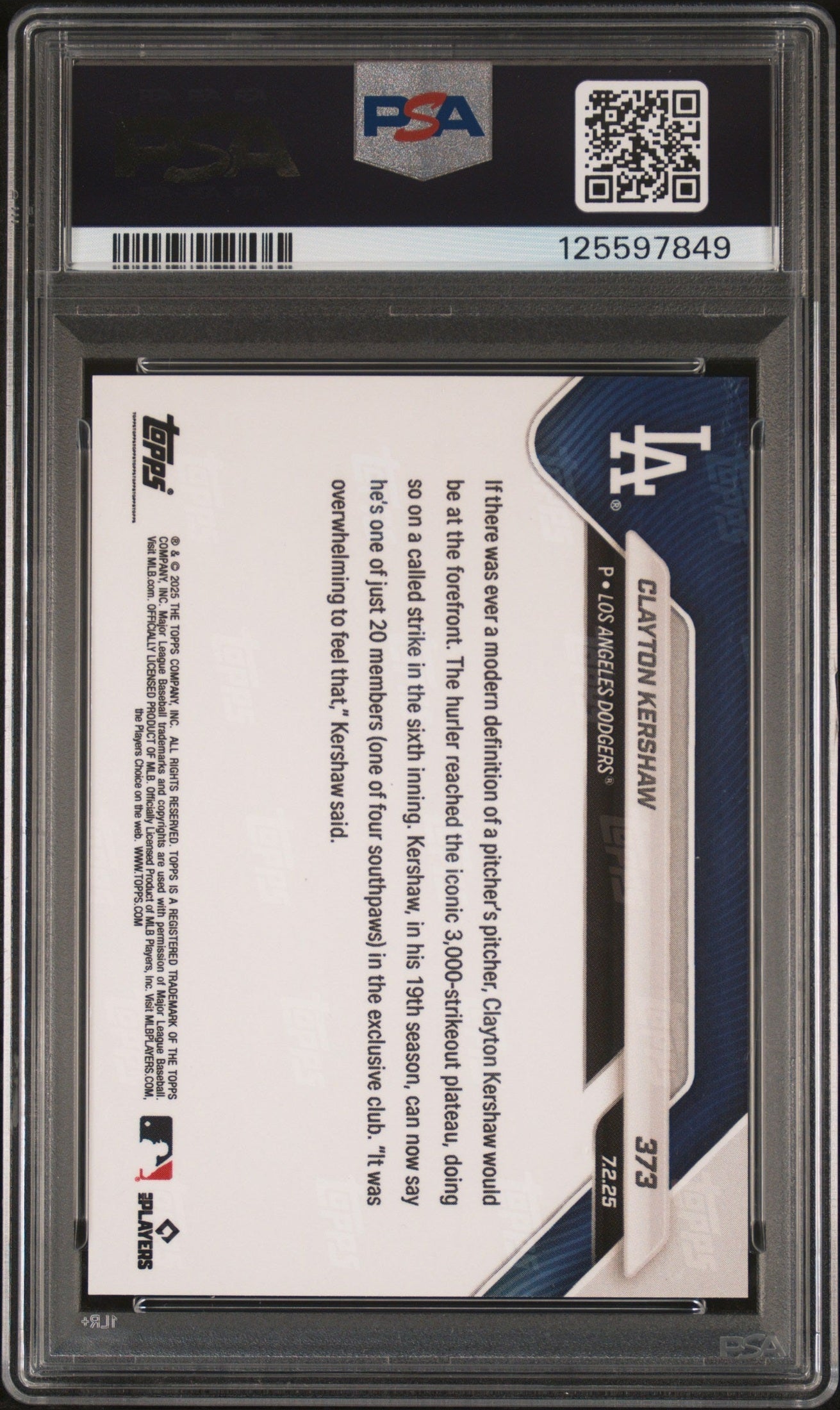 rear card 2025 TOPPS NOW CLAYTON KERSHAW FOILFRACTOR 1/1 PSA GEM MT 10 