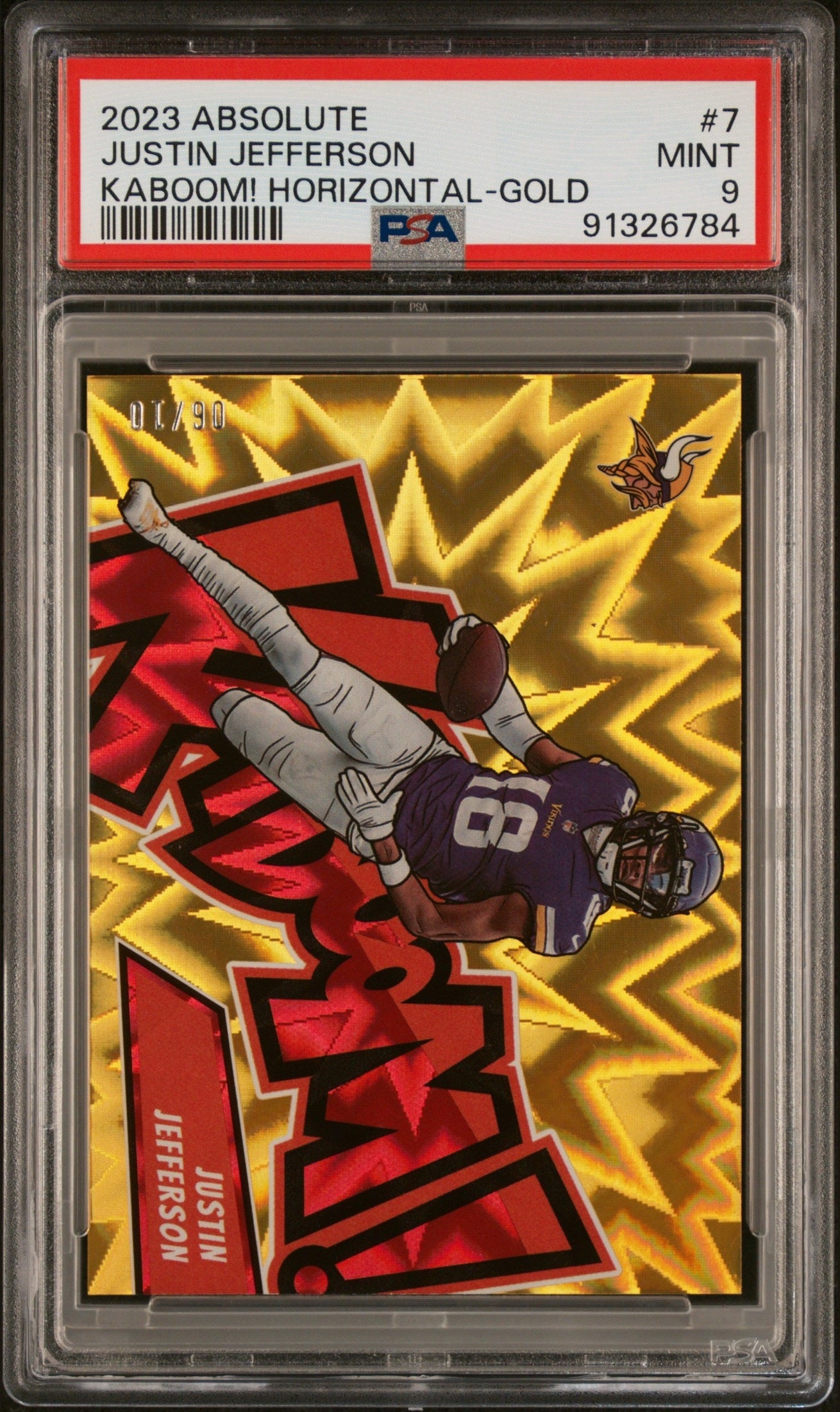 front card 2023 PANINI ABSOLUTE KABOOM! HORIZONTAL JUSTIN JEFFERSON KABOOM! HORIZONTAL-GOLD PSA MINT 9 