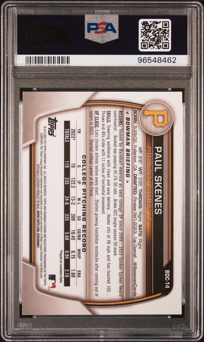 rear card 2023 BOWMAN DRAFT PAUL SKENES CHROME PSA GEM MT 10 