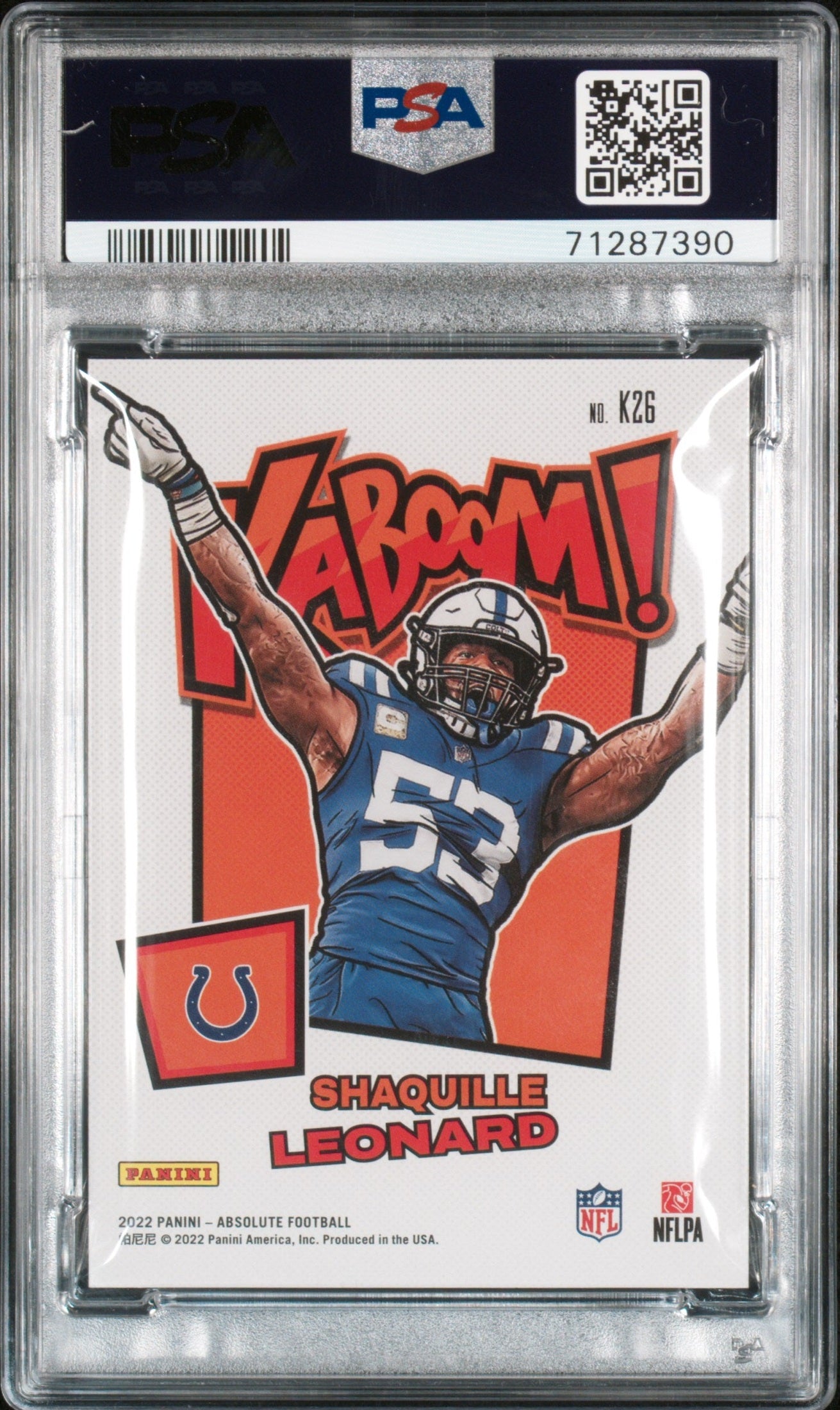 rear card 2022 PANINI ABSOLUTE KABOOM! VERTICAL SHAQUILLE LEONARD KABOOM! VERT-GREEN 1/1 PSA GEM MT 10 