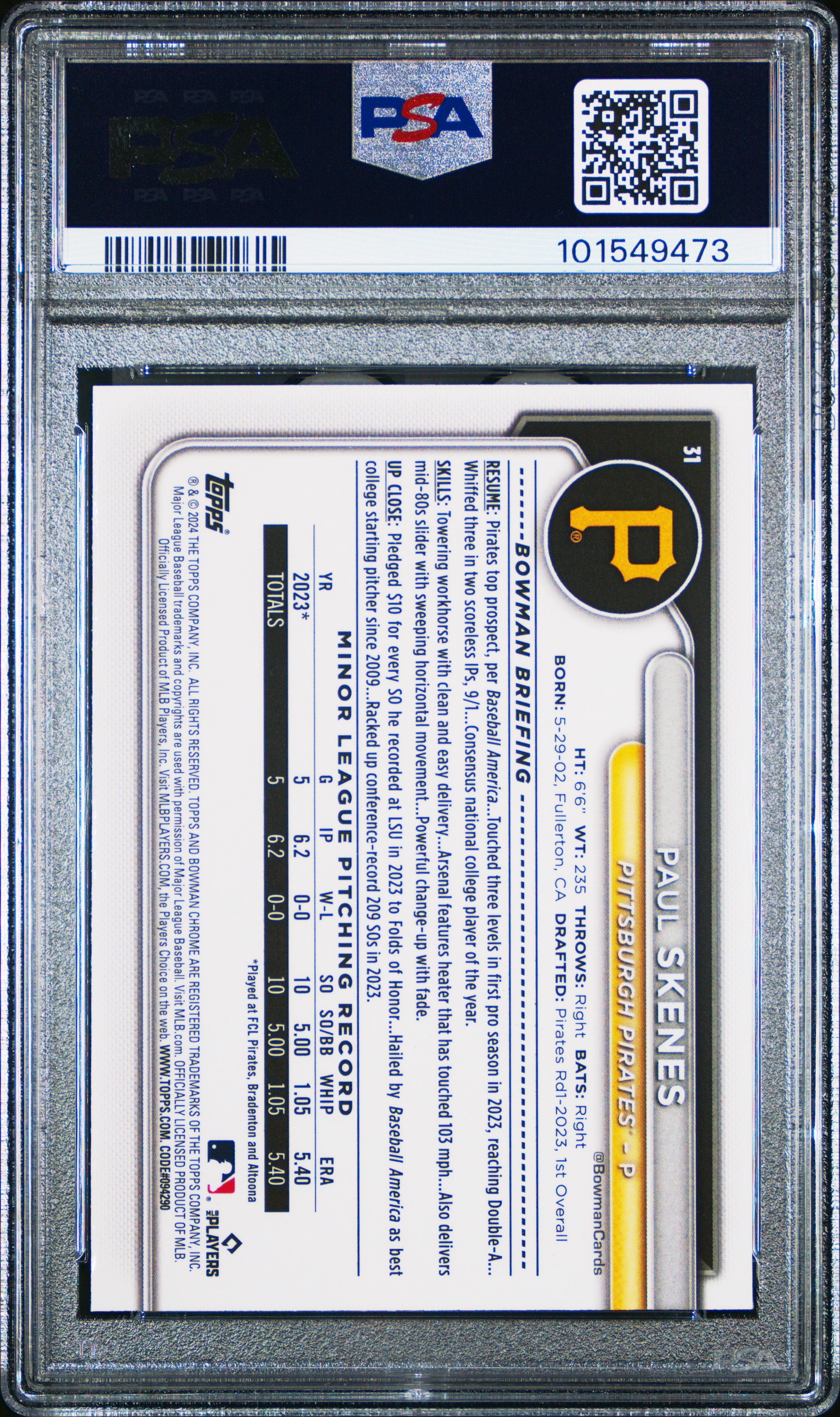 rear card 2024 BOWMAN CHROME MEGA BOX PAUL SKENES  PSA GEM MT 10 