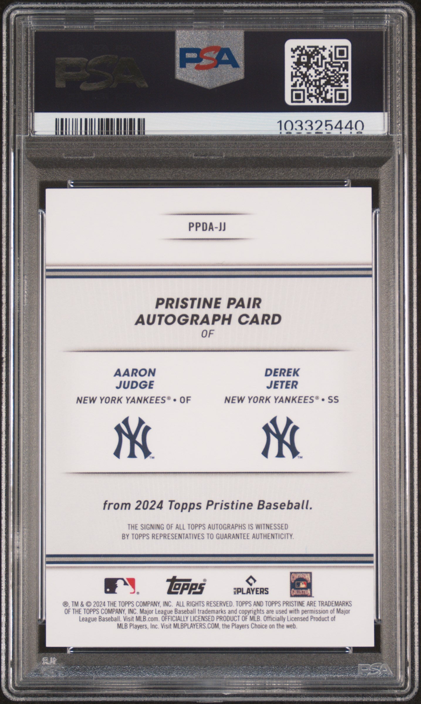 rear card 2024 TOPPS PRISTINE PRISTINE PAIR DUAL AUTOGRAPHS JUDGE/JETER PAIR DUAL AUTOGRAPHS PSA GEM MT 10 