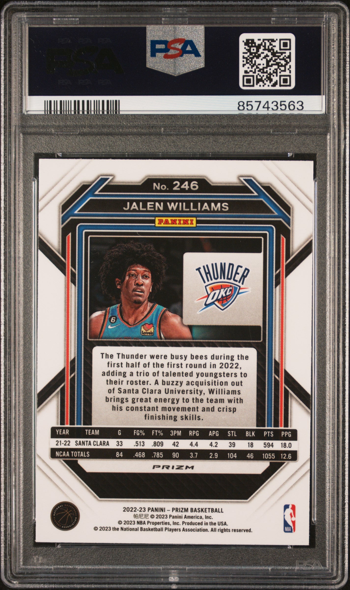 rear card 2022 PANINI PRIZM JALEN WILLIAMS WHITE SPARKLE PSA GEM MT 10 