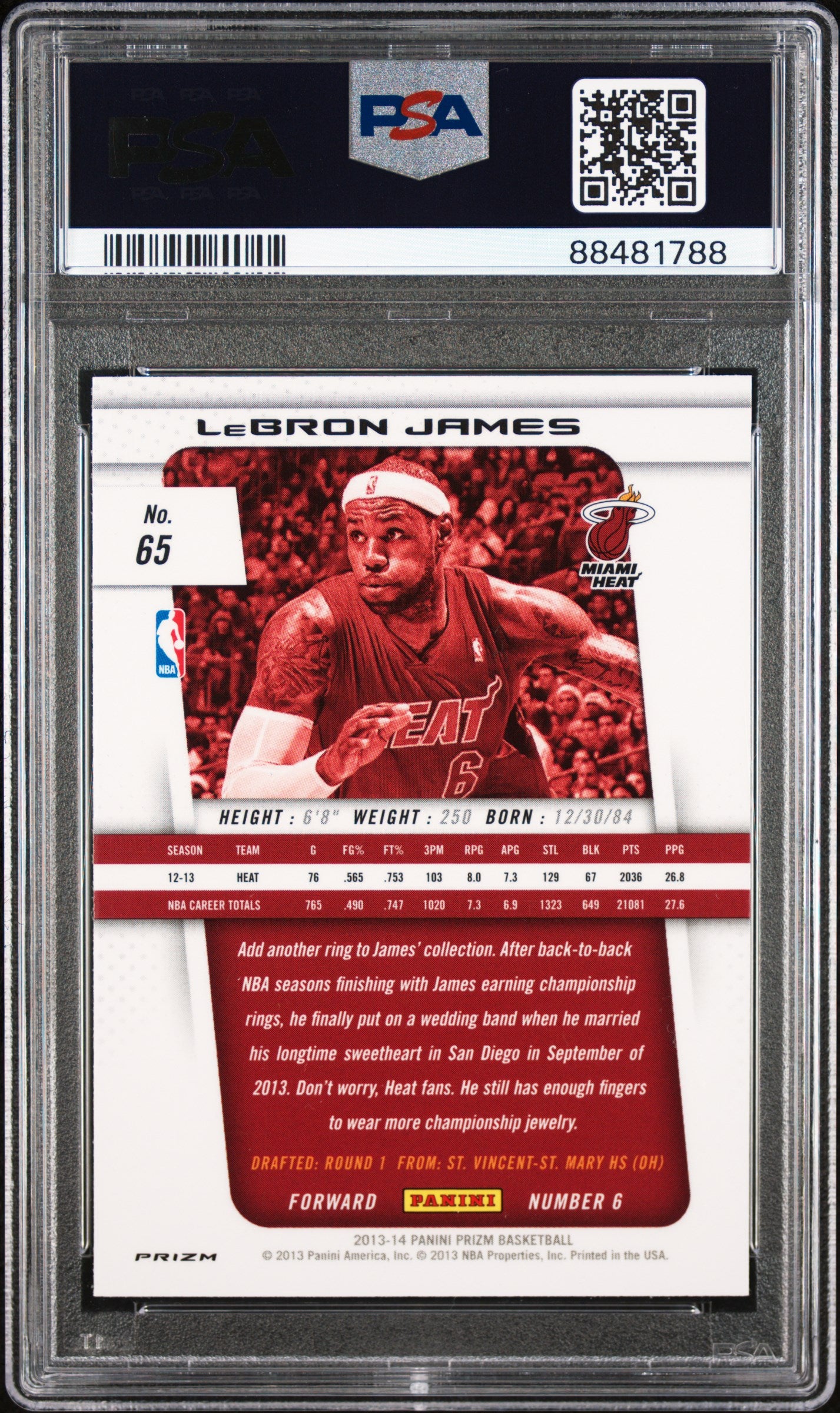 rear card 2013 PANINI PRIZM LeBRON JAMES RED PRIZM PSA GEM MT 10 
