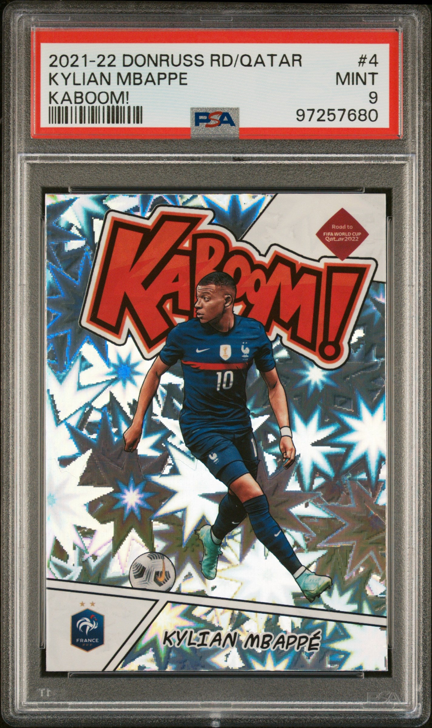front card 2021 PANINI DONRUSS ROAD TO QATAR KABOOM! KYLIAN MBAPPE KABOOM! PSA MINT 9 