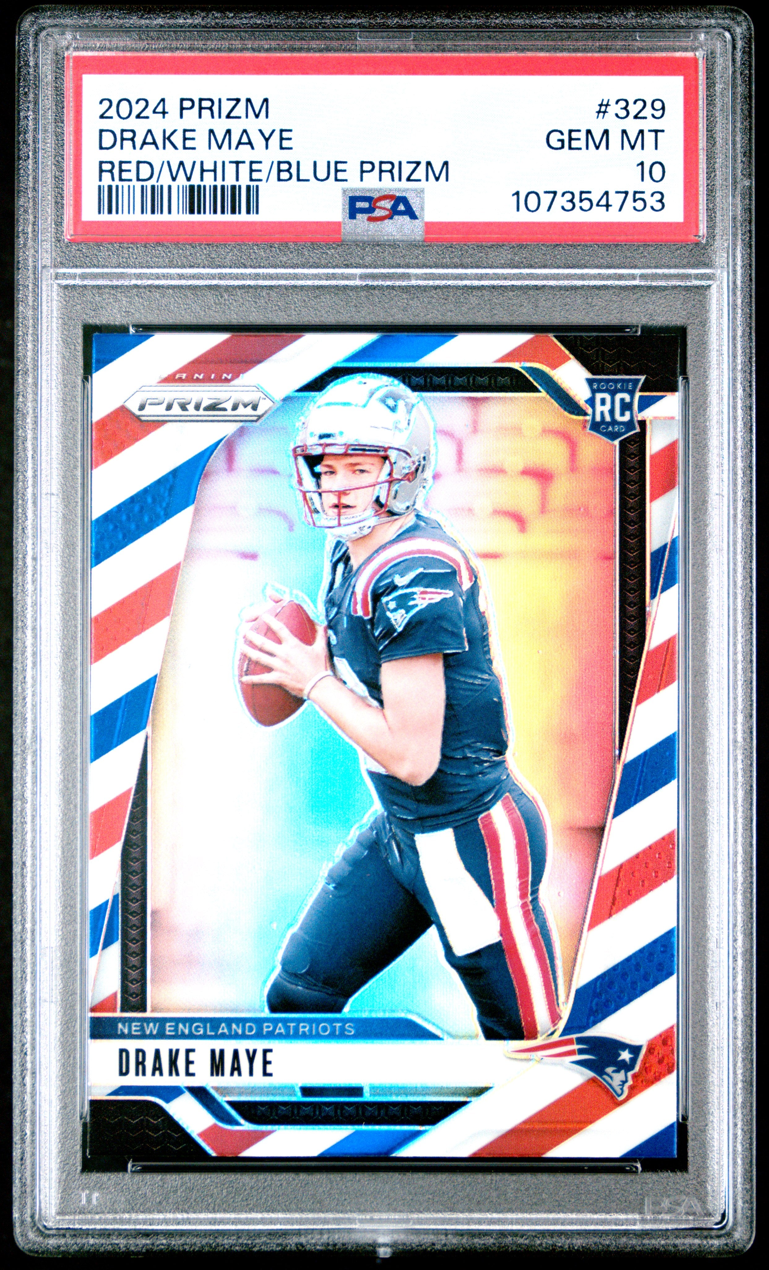 front card 2024 PANINI PRIZM DRAKE MAYE RED/WHITE/BLUE PRIZM PSA GEM MT 10 