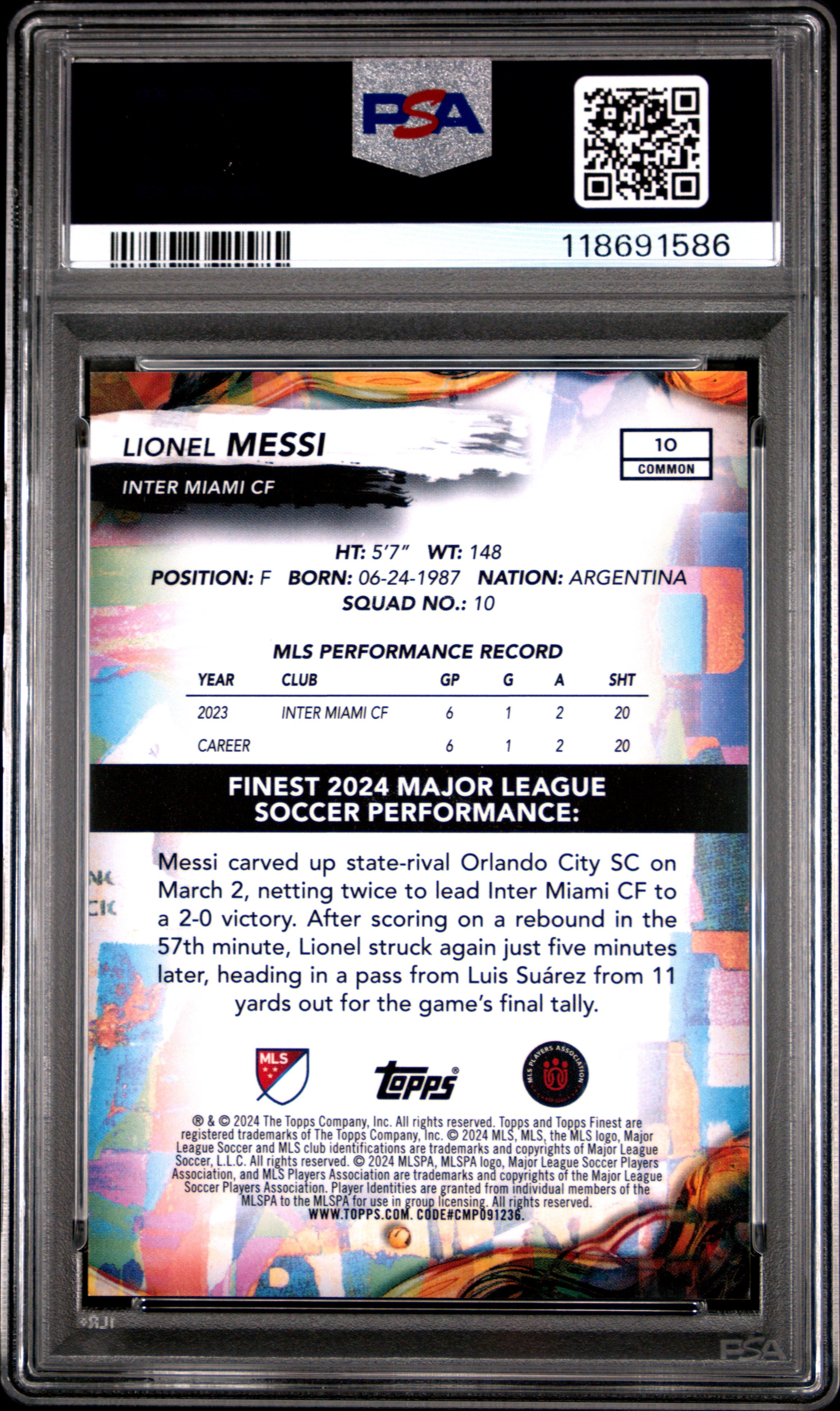 rear card 2024 TOPPS FINEST MLS LIONEL MESSI BLACK REFRACTOR PSA GEM MT 10 