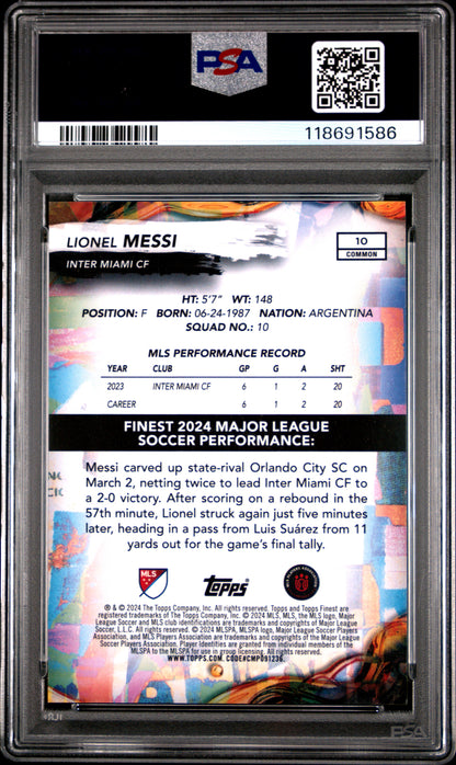 rear card 2024 TOPPS FINEST MLS LIONEL MESSI BLACK REFRACTOR PSA GEM MT 10 
