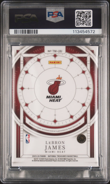 rear card 2023 PANINI NATIONAL TREASURES TIMELESS TREASURES MATERIALS LeBRON JAMES TMLSS TREAS MAT-SPR PRM 1/1 PSA NM-MT 8 