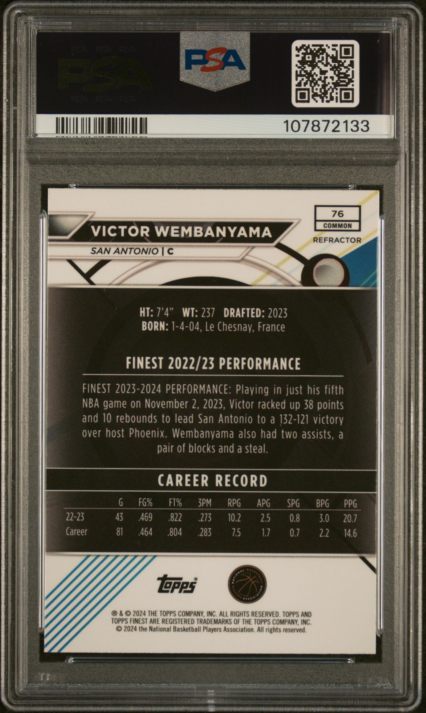 rear card 2023 TOPPS FINEST VICTOR WEMBANYAMA REFRACTOR PSA GEM MT 10 