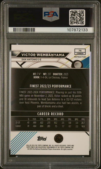 rear card 2023 TOPPS FINEST VICTOR WEMBANYAMA REFRACTOR PSA GEM MT 10 
