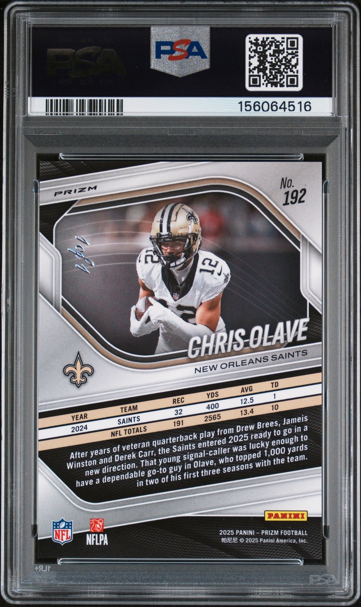 2025 PANINI PRIZM #192 CHRIS OLAVE BLACK STARS 1/1 PSA 10