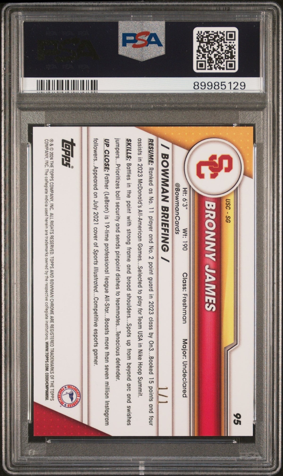 2023 BOWMAN UNIVERSITY CHROME #95 BRONNY JAMES SUPERFRACTOR 1/1 PSA 10