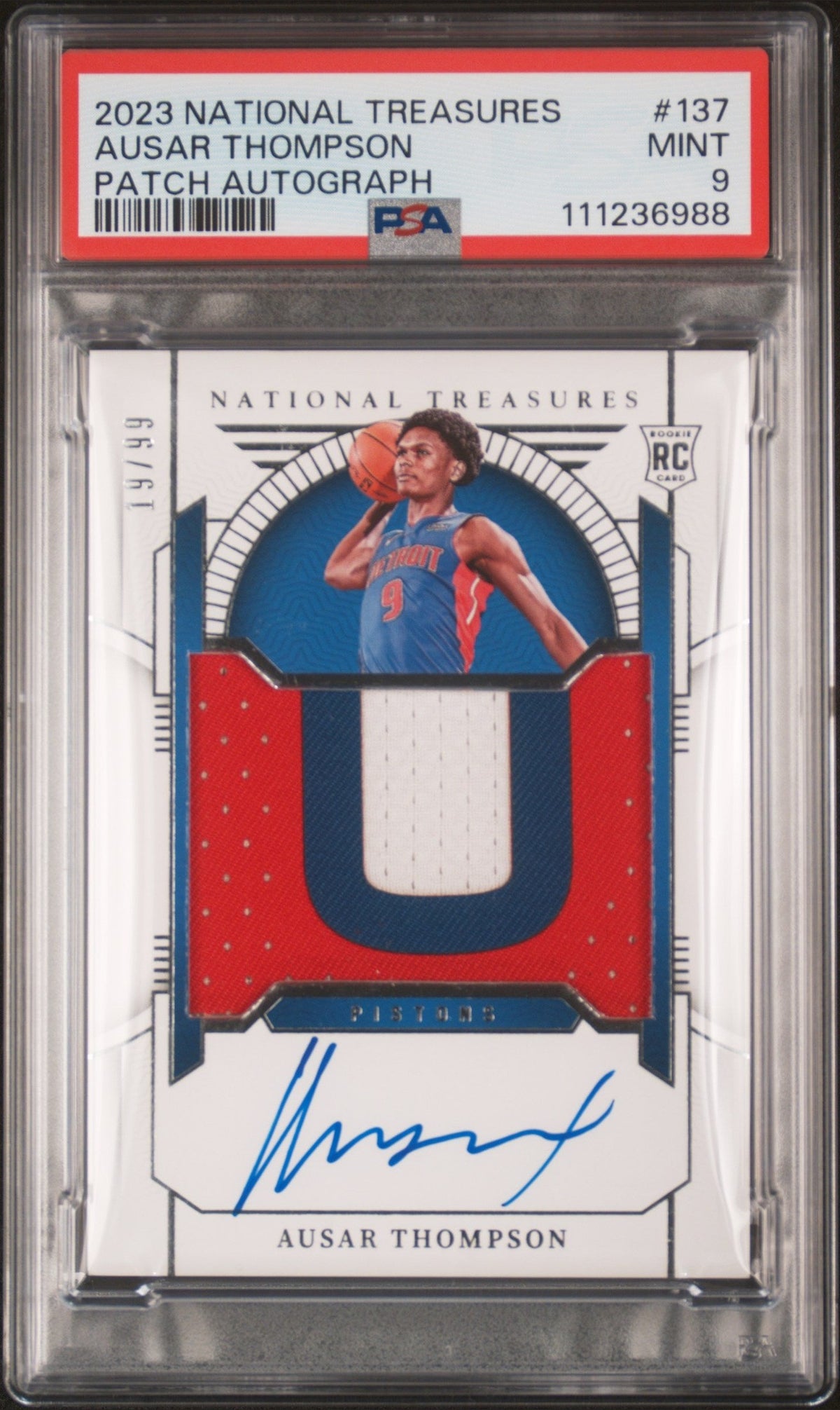 2023 PANINI NATIONAL TREASURES #137 AUSAR THOMPSON PATCH AUTOGRAPH PSA 9