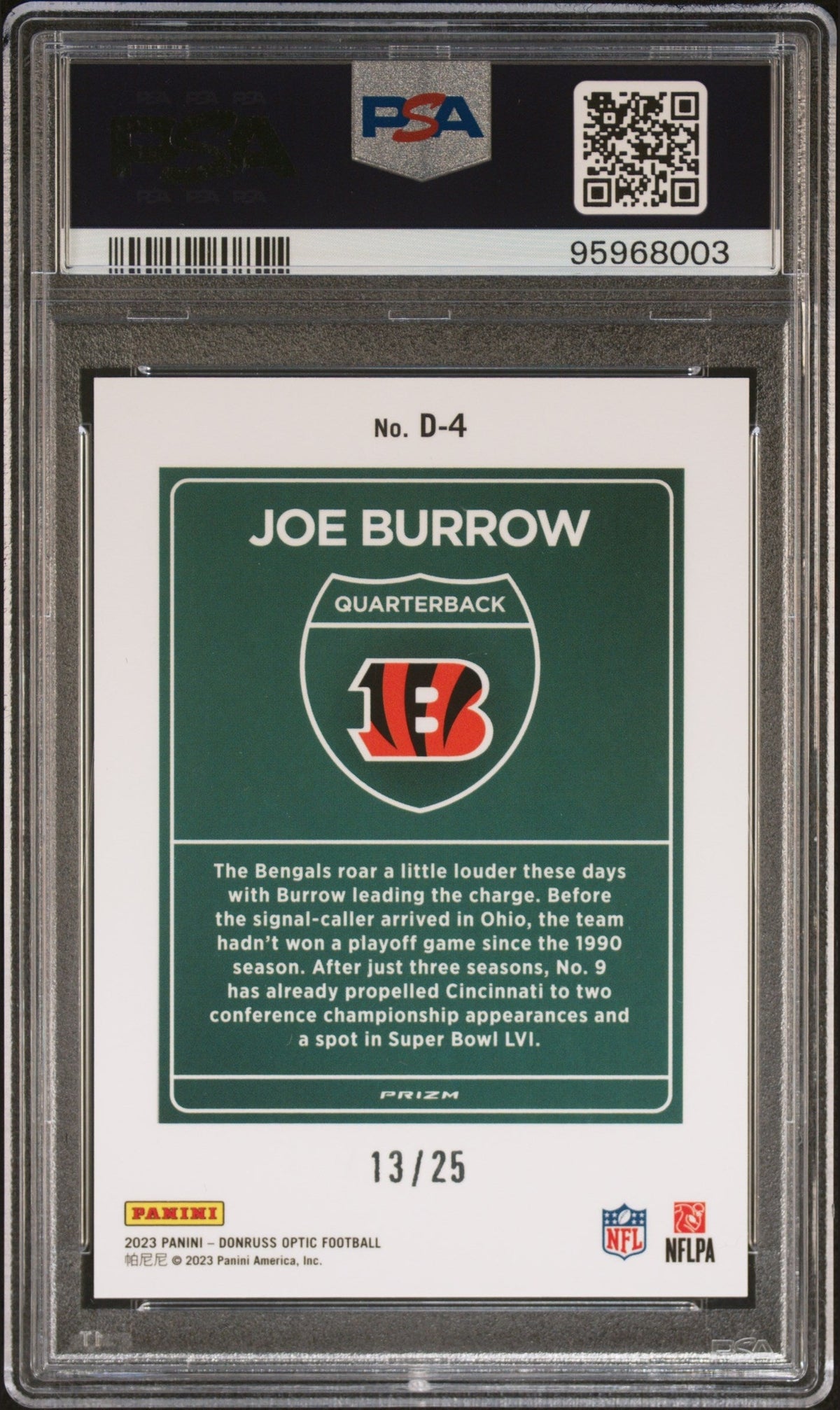 2023 DONRUSS OPTIC DOWNTOWN! #D4 JOE BURROW DOWNTOWN!-BLACK PANDORA PSA 10