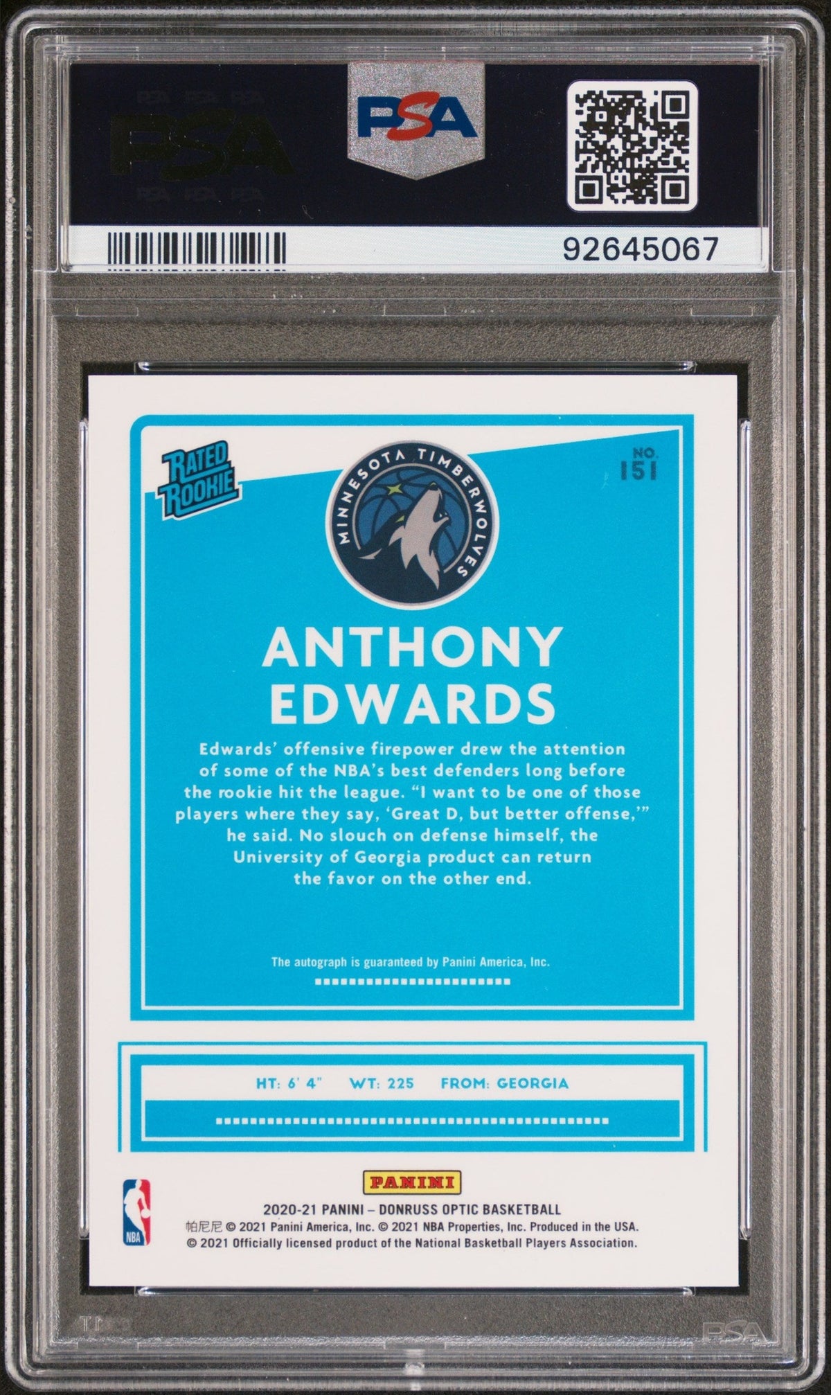 2020 PANINI DONRUSS OPTIC #151 ANTHONY EDWARDS AUTOGRAPH PSA 10