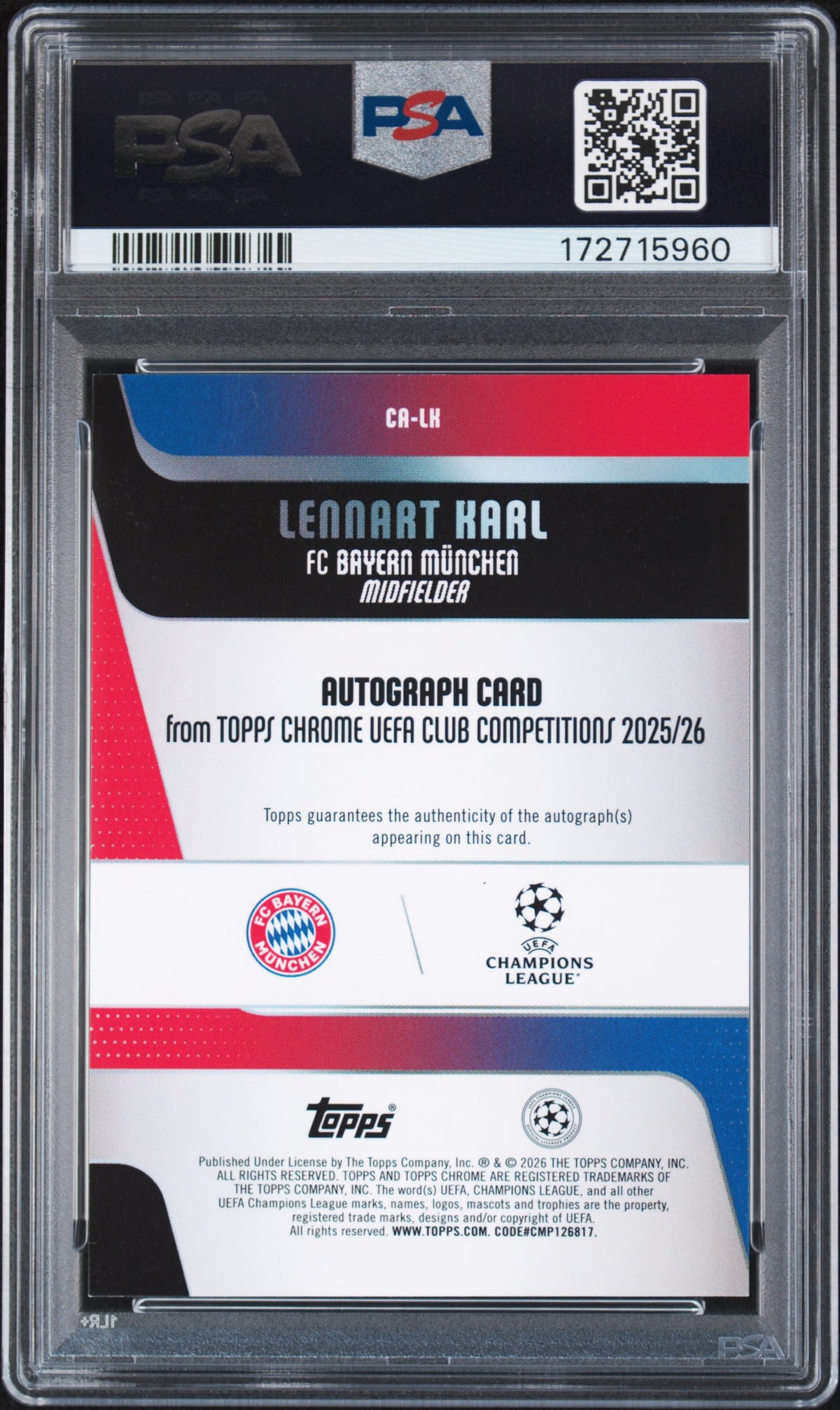 2025-2026 UEFA CLUB COMPETITIONS #LK LENNART KARL AU-BLACK GEOMETRIC 1/10 PSA 8