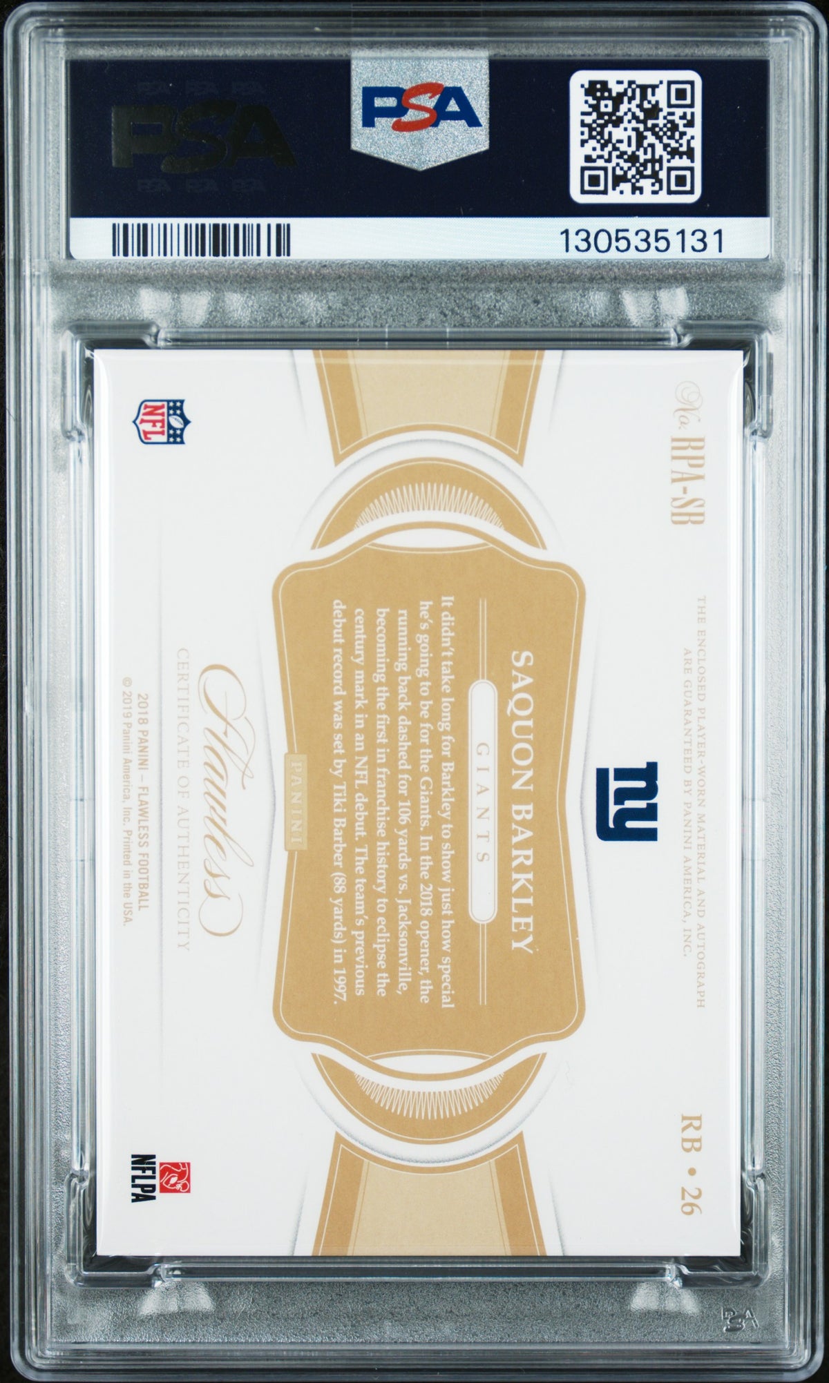 2022 RECOLLECTION #RPA-SB SAQUON BARKLEY R/C AU-'18 FL.RK.PT.AU-SLV. PSA 9