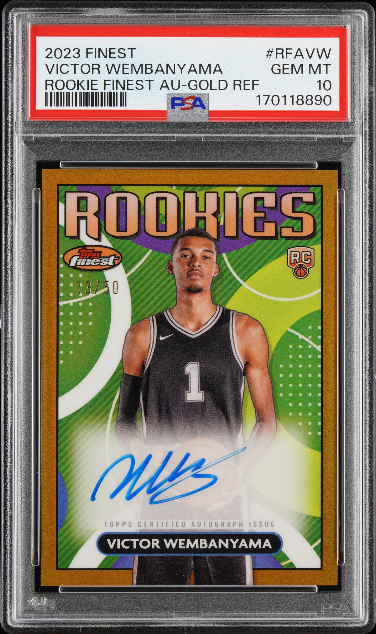 2023 TOPPS FINEST ROOKIE AUTOGRAPHS #RFAVW VICTOR WEMBANYAMA AU-GOLD REF PSA 10