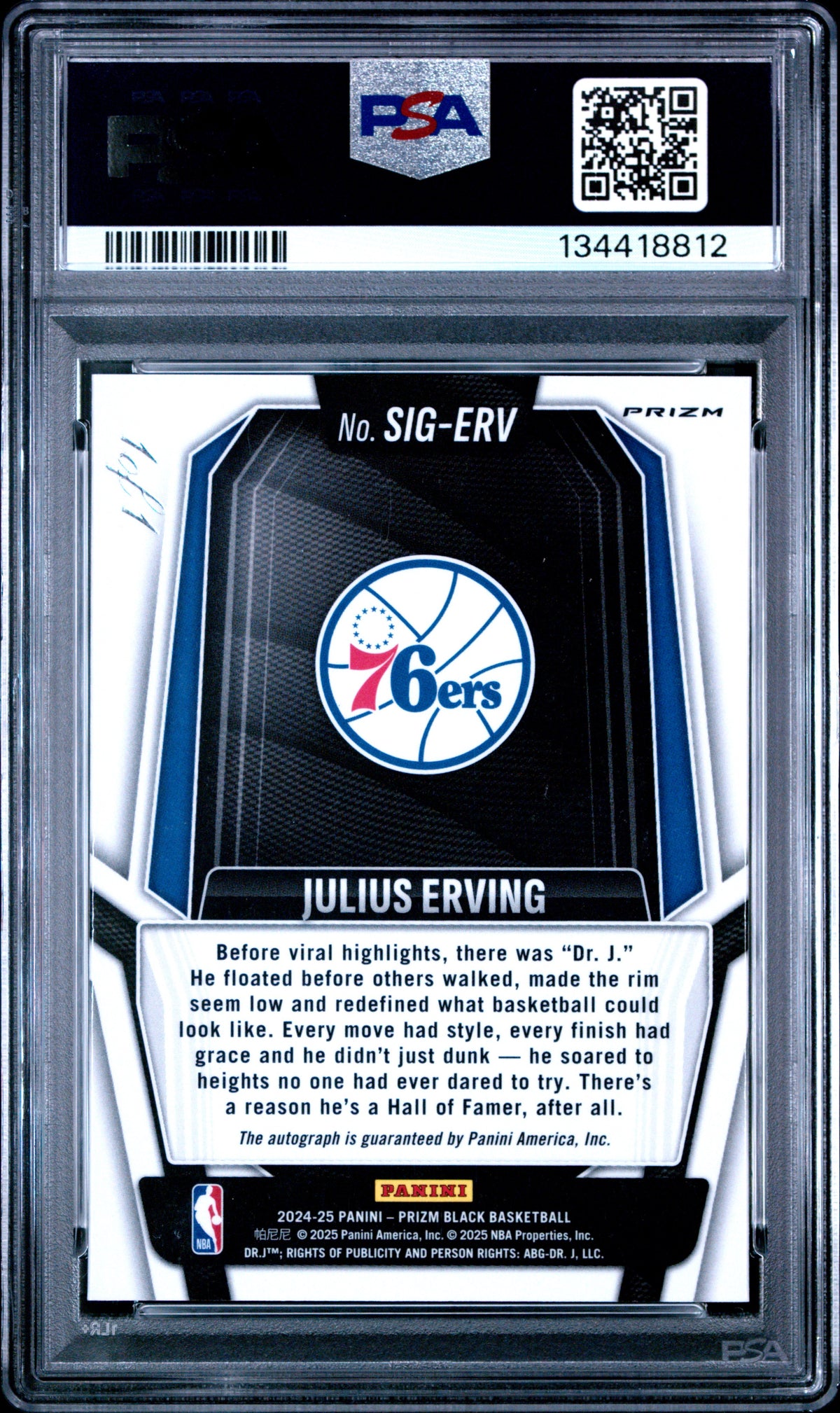2024 PRIZM BLACK SIGNATURES #SIG-ERV JULIUS ERVING SIGNATURE-BLACK 1/1 PSA 10