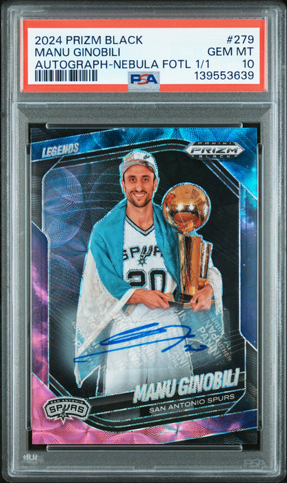 2024 PANINI PRIZM BLACK #279 MANU GINOBILI AUTOGRAPH-NEBULA FOTL 1/1 PSA 10