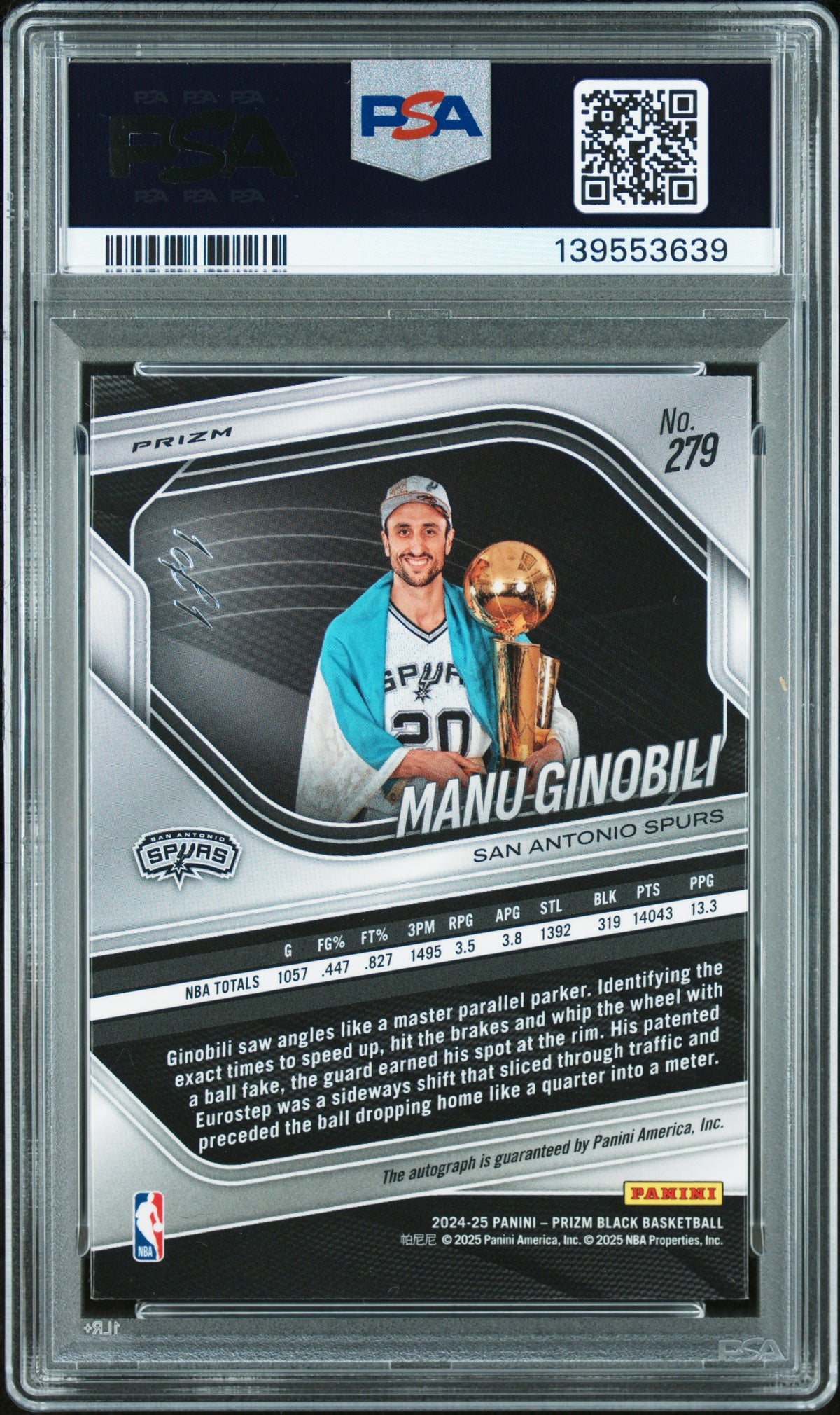 2024 PANINI PRIZM BLACK #279 MANU GINOBILI AUTOGRAPH-NEBULA FOTL 1/1 PSA 10