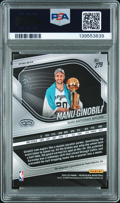 2024 PANINI PRIZM BLACK #279 MANU GINOBILI AUTOGRAPH-NEBULA FOTL 1/1 PSA 10