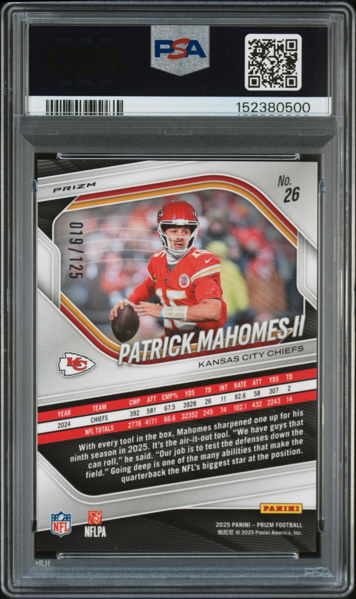 2025 PANINI PRIZM #26 PATRICK MAHOMES II PURPLE PRIZM PSA 10