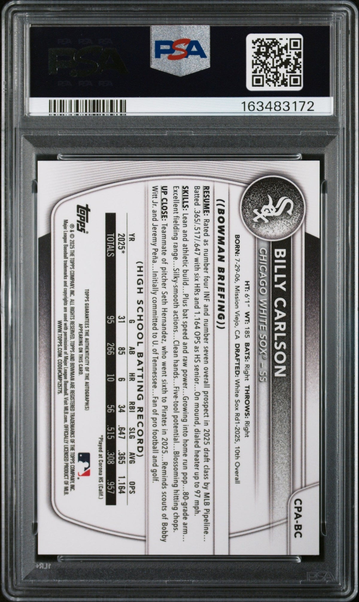 2025 Bowman Draft Chrome Prospect #CPA-BC Billy Carlson Black Refractor PSA 9