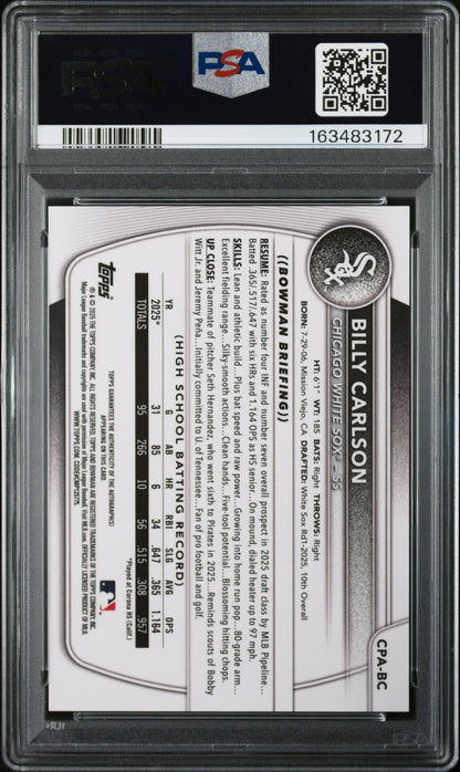 2025 Bowman Draft Chrome Prospect #CPA-BC Billy Carlson Black Refractor PSA 9