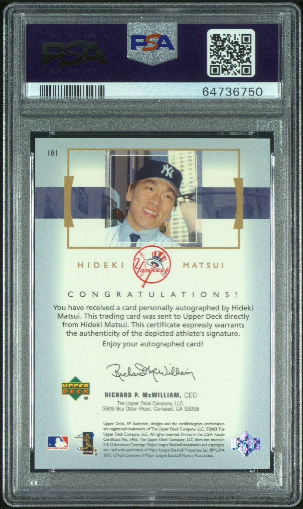 2003 Sp Authentic #181 Hideki Matsui Autograph PSA 10