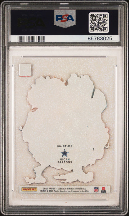 rear card 2022 PANINI CLEARLY DONRUSS DOWNTOWN MICAH PARSONS DOWNTOWN-HOLO PLATINUM 1/1 PSA GEM MT 10 