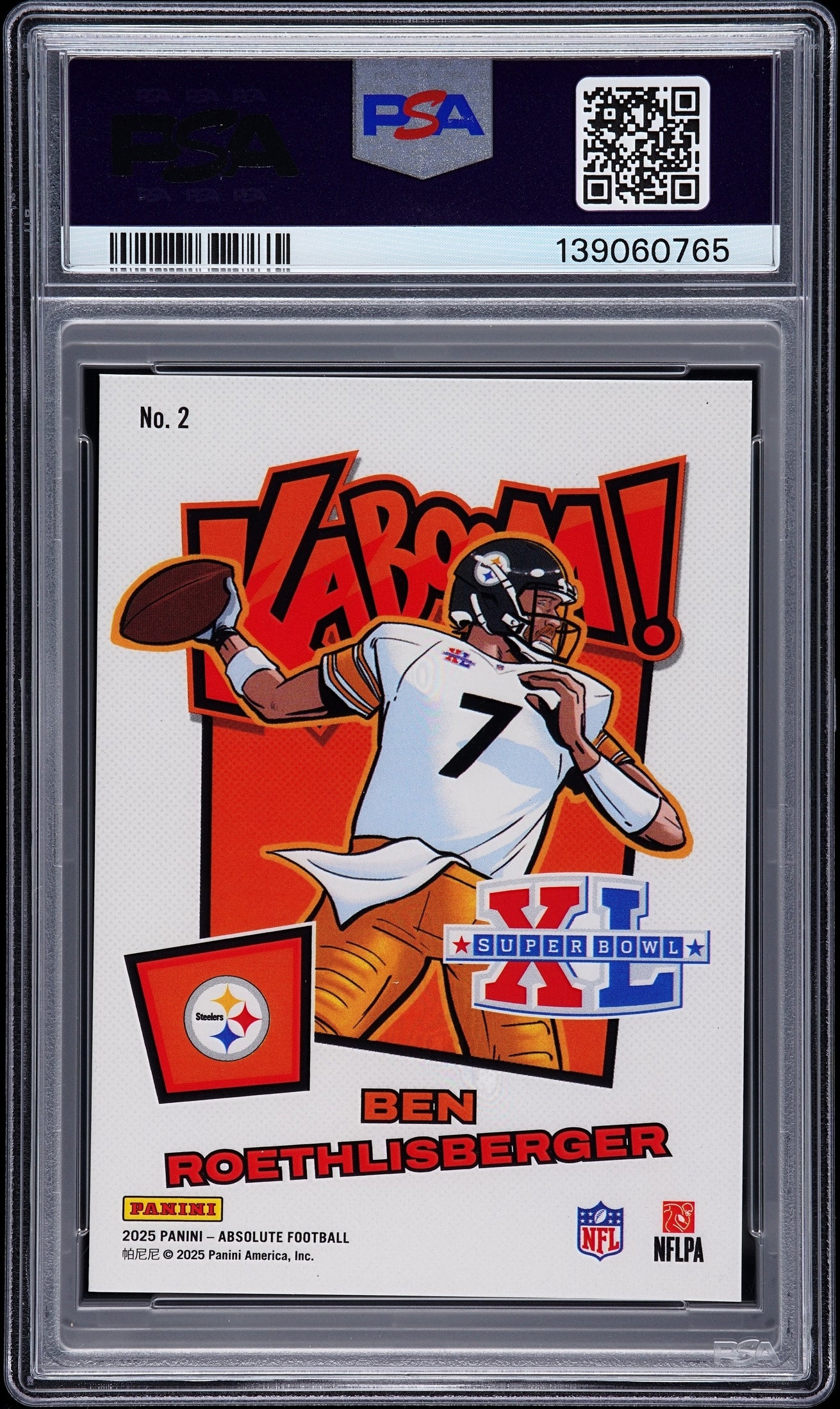 rear card 2025 PANINI ABSOLUTE KABOOM! SUPER BOWL VERTICAL BEN ROETHLISBERGER KABOOM! SB VERT-GOLD PSA GEM MT 10 