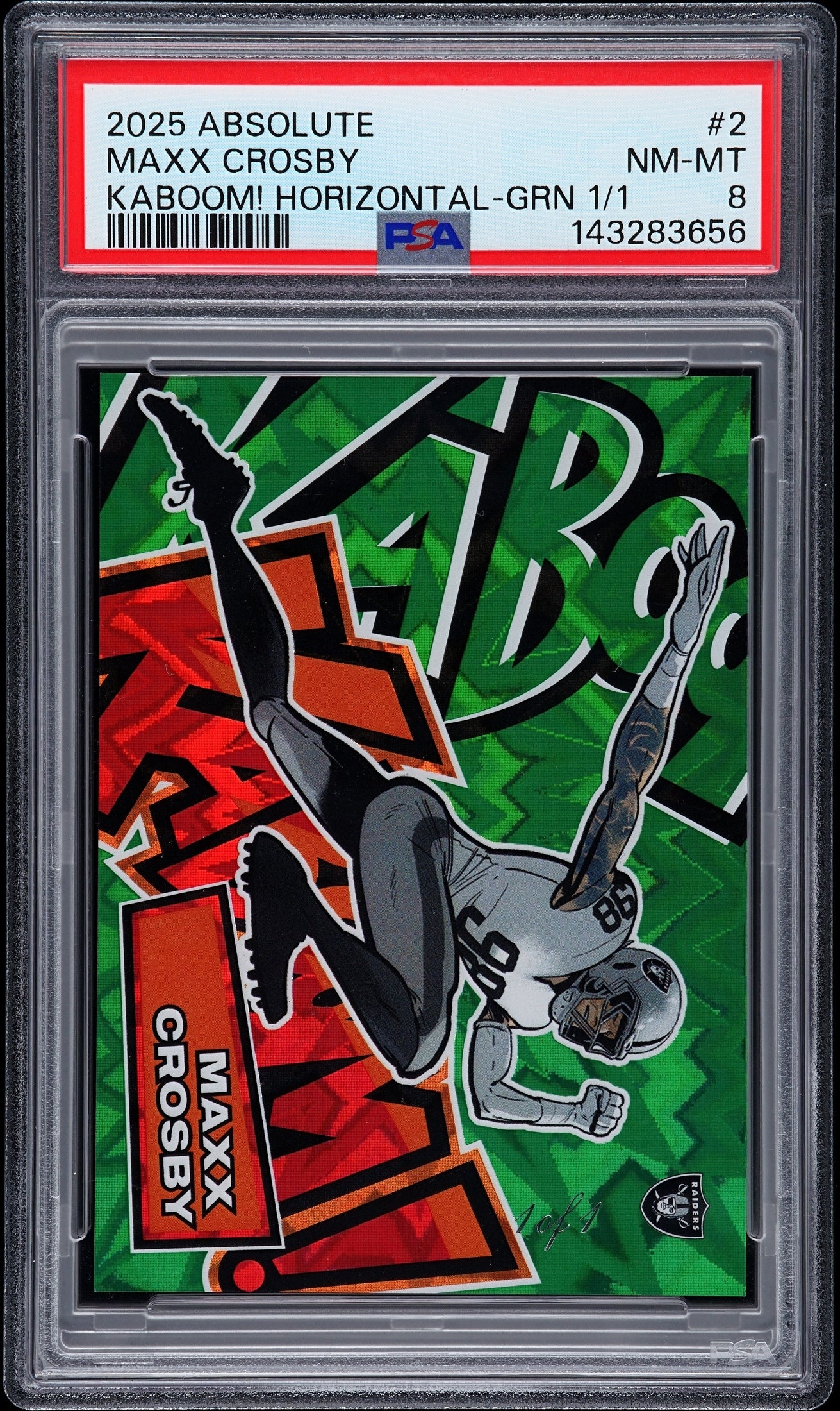 front card 2025 PANINI ABSOLUTE KABOOM! HORIZONTAL MAXX CROSBY KABOOM! HORIZONTAL-GRN 1/1 PSA NM-MT 8 