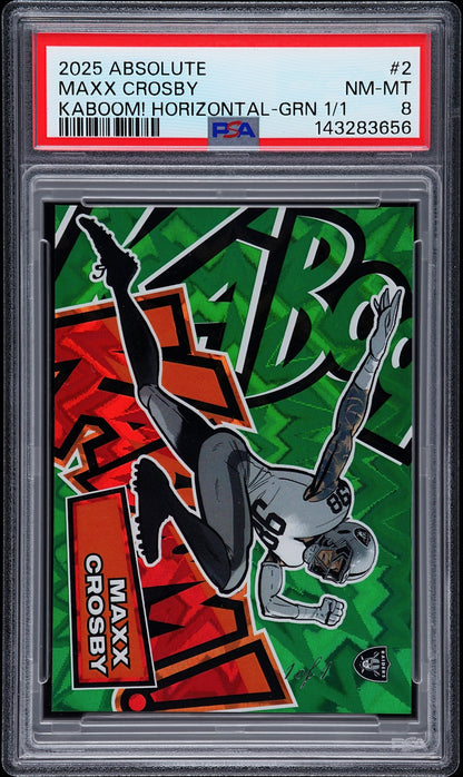 front card 2025 PANINI ABSOLUTE KABOOM! HORIZONTAL MAXX CROSBY KABOOM! HORIZONTAL-GRN 1/1 PSA NM-MT 8 