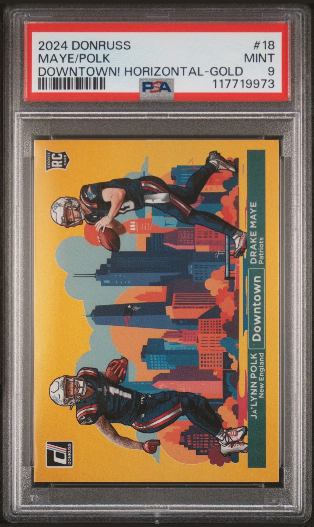 front card 2024 PANINI DONRUSS DOWNTOWN! HORIZONTAL MAYE/POLK DOWNTOWN! HORIZONTAL-GOLD PSA MINT 9 