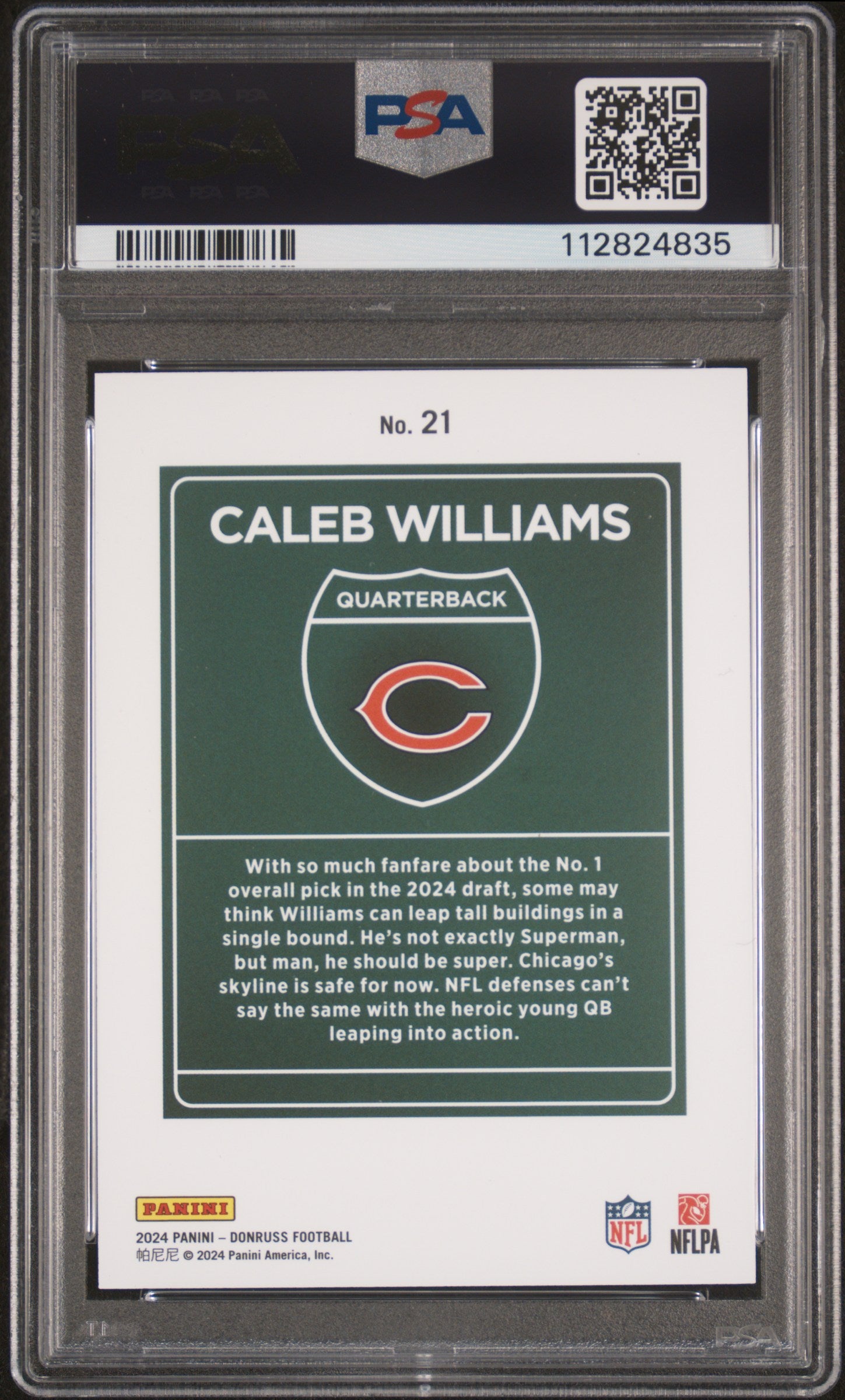 rear card 2024 PANINI DONRUSS DOWNTOWN! CALEB WILLIAMS  PSA GEM MT 10 