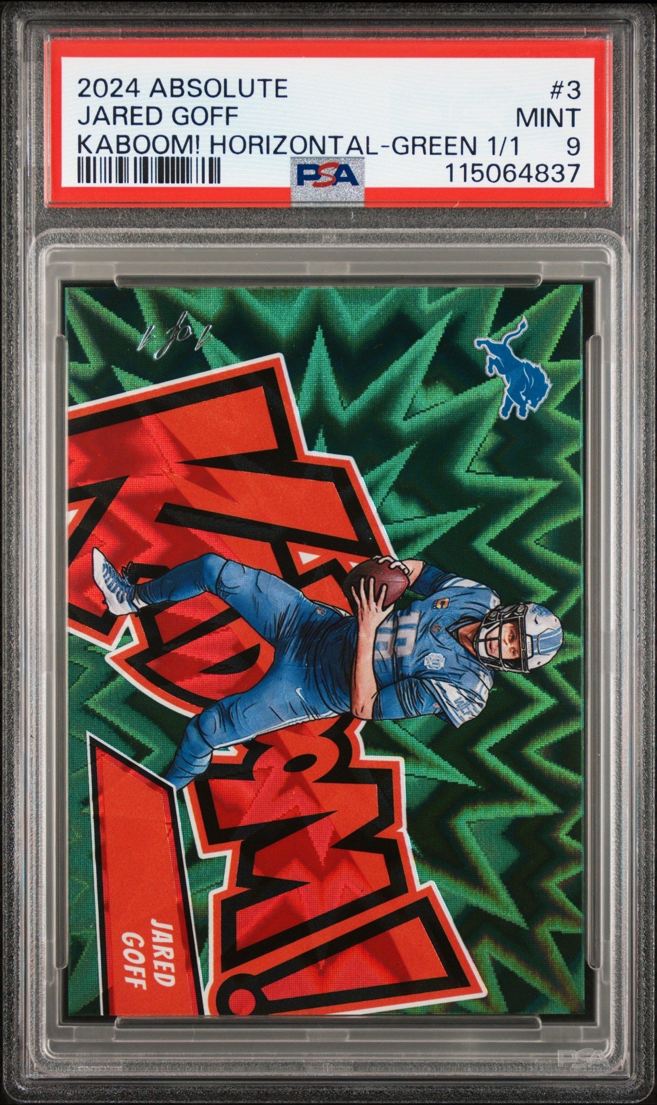 front card 2024 PANINI ABSOLUTE KABOOM! HORIZONTAL JARED GOFF KABOOM! HORIZONTAL-GREEN 1/1 PSA MINT 9 