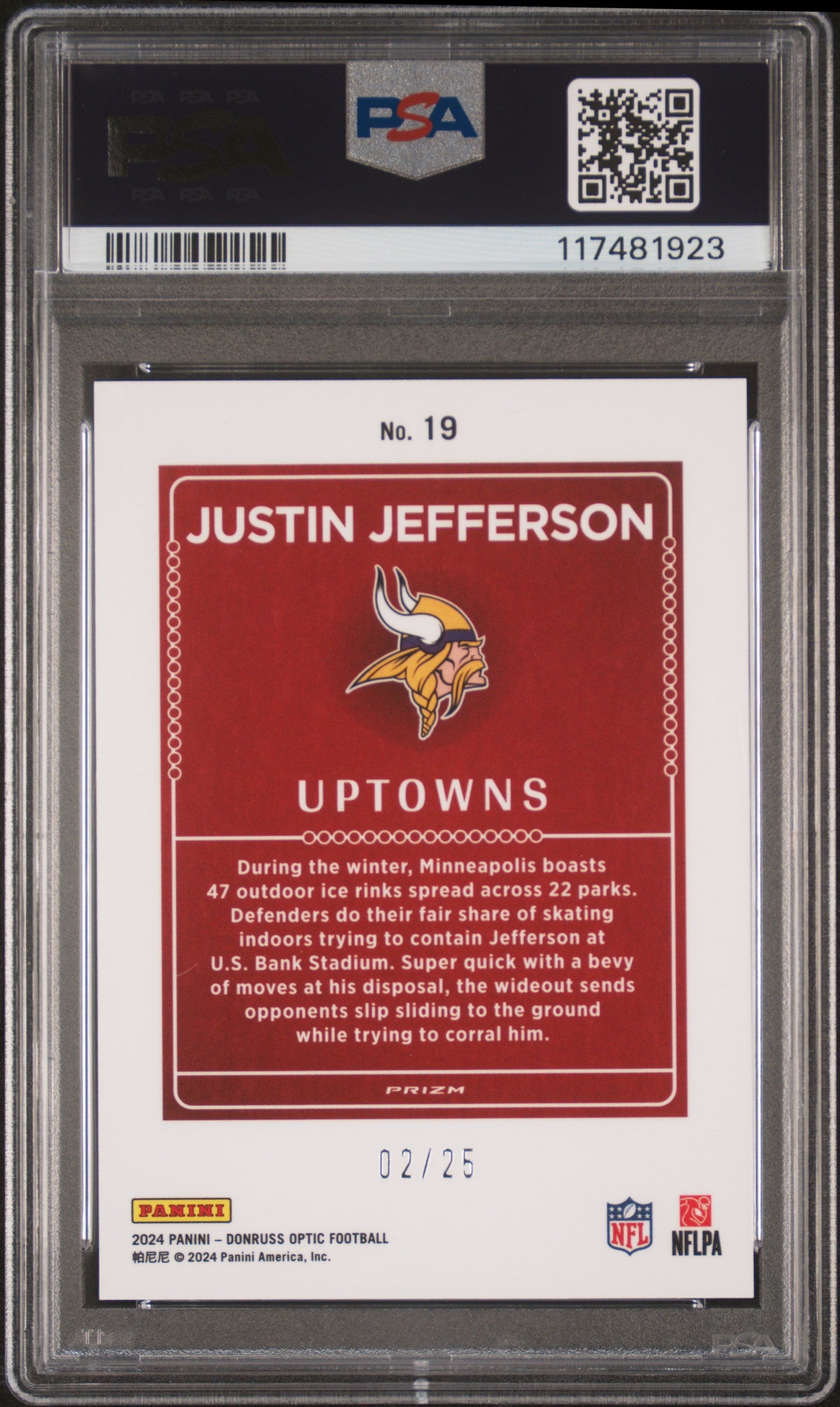 rear card 2024 PANINI DONRUSS OPTIC UPTOWNS JUSTIN JEFFERSON UPTOWNS-WHITE PANDORA PSA GEM MT 10 