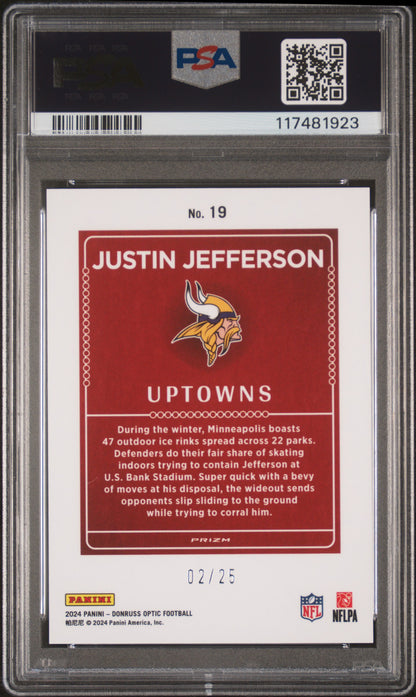 rear card 2024 PANINI DONRUSS OPTIC UPTOWNS JUSTIN JEFFERSON UPTOWNS-WHITE PANDORA PSA GEM MT 10 