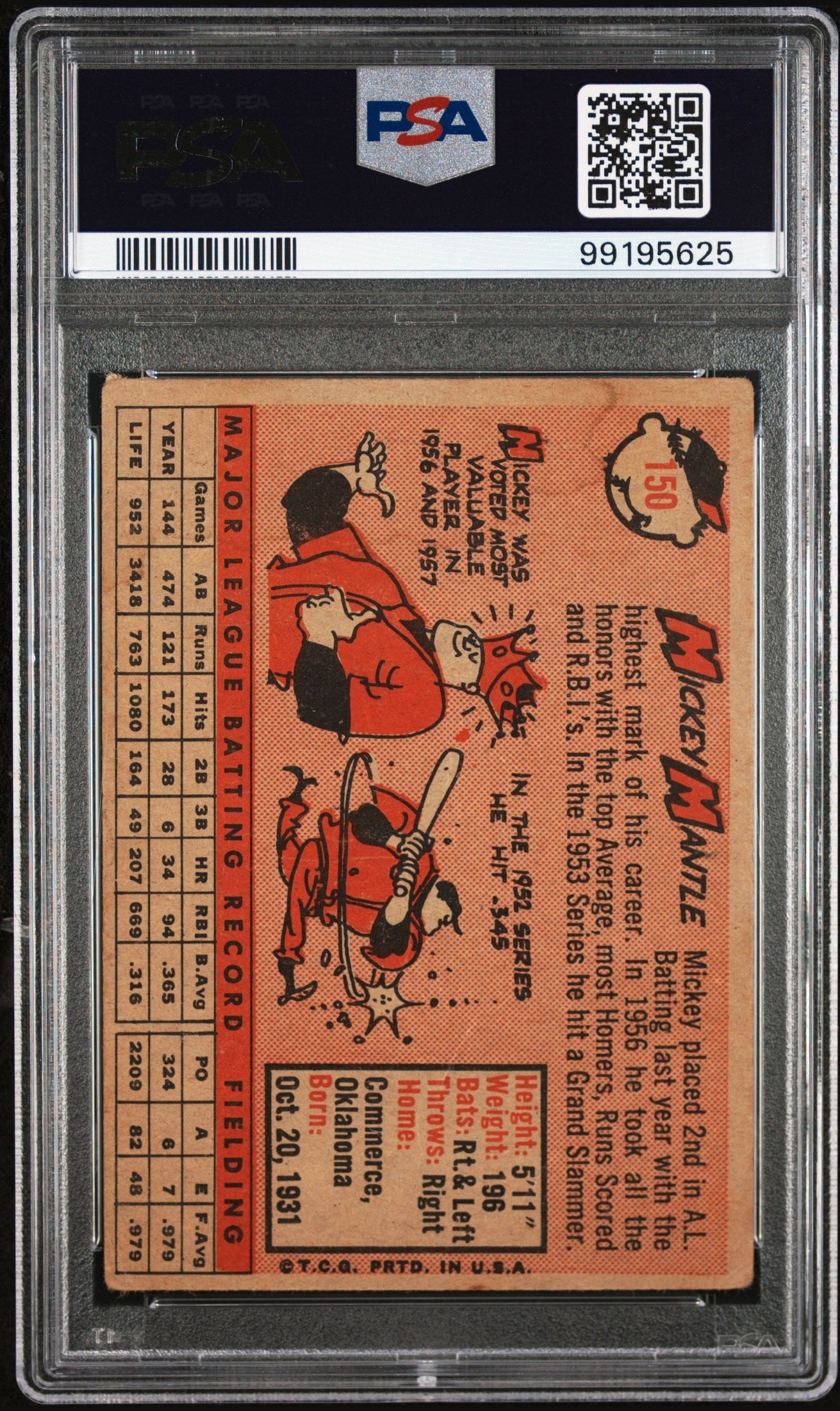 rear card 1958 TOPPS MICKEY MANTLE  PSA GOOD 2 