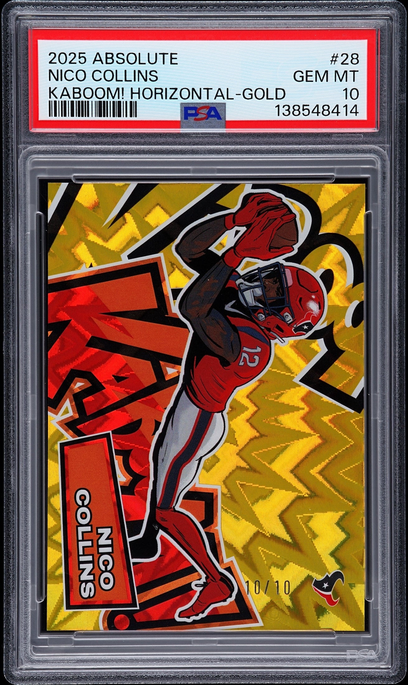 front card 2025 PANINI ABSOLUTE KABOOM! HORIZONTAL NICO COLLINS KABOOM! HORIZONTAL-GOLD PSA GEM MT 10 
