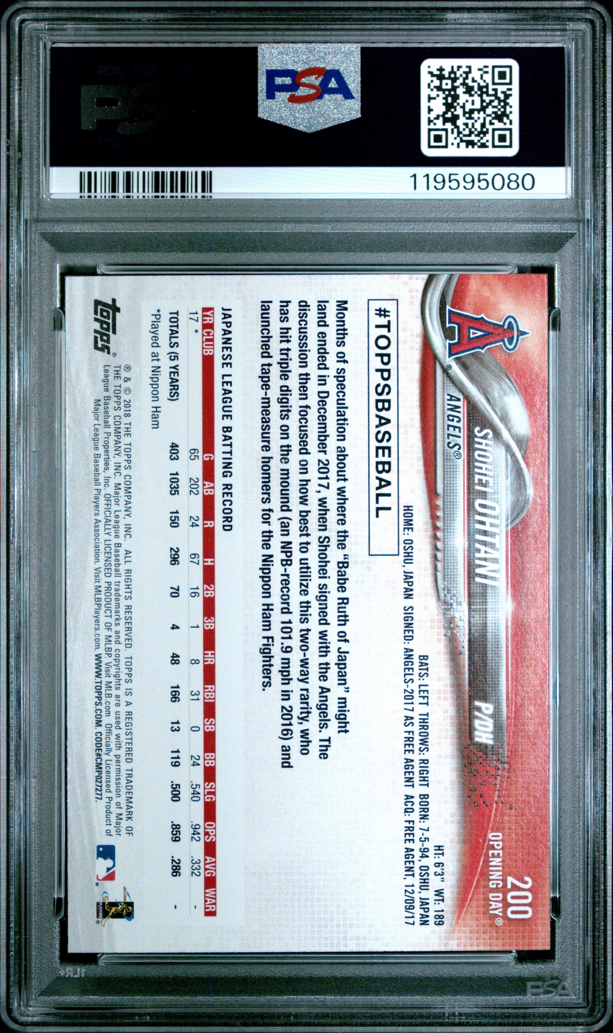 rear card 2018 TOPPS OPENING DAY SHOHEI OHTANI PURPLE FOIL PSA GEM MT 10 