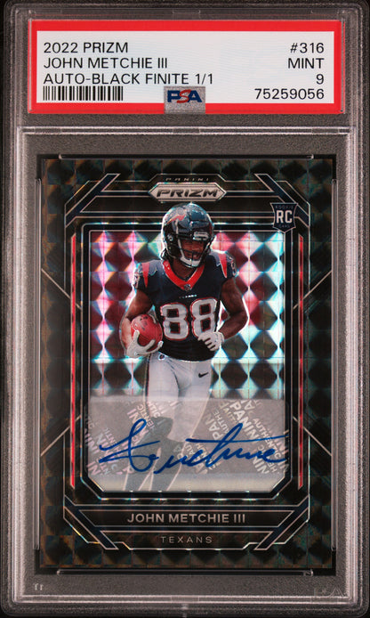 front card 2022 PANINI PRIZM JOHN METCHIE III AUTO-BLACK FINITE 1/1 PSA MINT 9 