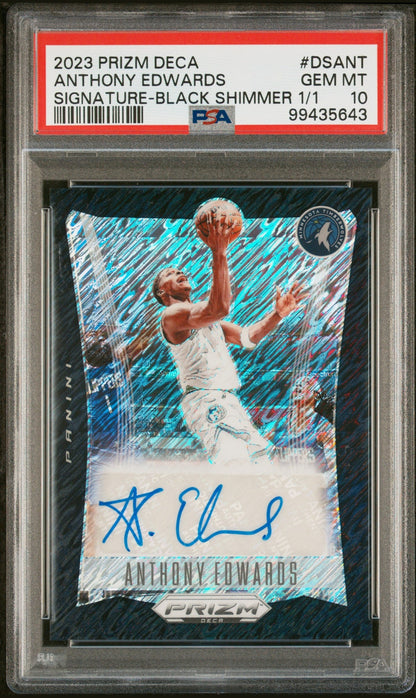 front card 2023 PANINI PRIZM DECA SIGNATURES ANTHONY EDWARDS SIGNATURE-BLACK SHIMMER 1/1 PSA GEM MT 10 