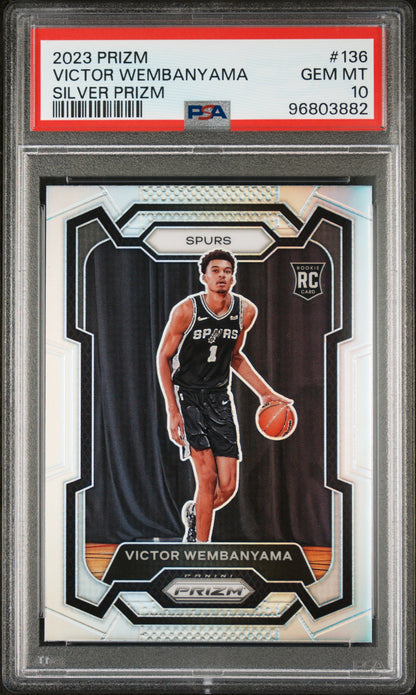 front card 2023 PANINI PRIZM VICTOR WEMBANYAMA SILVER PRIZM PSA GEM MT 10 